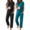 image:imageEkouaer 2 Packs Pajamas for Women Set Cap Sleeve Top and Pants Soft Sleepwear Comfy Pjs Set with Pockets LoungewearBlackBlue Green
