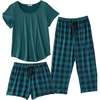 image:imageEkouaer 3 PCS Capri Pajamas for Women Set Short Sleeve Pajama Sets Floral Pj Sets Soft Sleepwear with PocketsDeep Green Plaid
