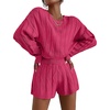 image:imageEkouaer Knit Lounge Sets for Women 2 Piece Cozy Long Sleeve Pullover Sweater Top and Shorts Set Sweatsuit OutfitsRose Red