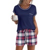image:imageEkouaer Pajama Set for Women Short Sleeve Tops and Shorts Set 2 Piece Pjs Classic Loungewear with PocketsPlaid Navy Blue and Red