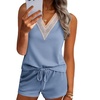 image:imageEkouaer Pajama Sets for Women 2 Piece Tank Top and Shorts Waffle Knit Lounge Set with Lace Vneck PJ LoungewearClear Blue