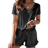 image:imageEkouaer Satin Pajamas for Women Short Sleeve Silk Sleepwear 2 Piece Pjs Set with Ruffled Shorts Casual LoungewearBlack