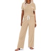 image:imageEkouaer Women Lounge Pajamas Sets Ribbed Knit PJ Short Sleeve and Long Pajama Pant Soft 2 Piece Sleepwear Loungwear SetDark Khaki