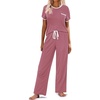image:imageEkouaer Women Lounge Pajamas Sets Ribbed Knit PJ Short Sleeve and Long Pajama Pant Soft 2 Piece Sleepwear Loungwear SetDark Pink