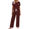 image:imageEkouaer Women Lounge Pajamas Sets Ribbed Knit PJ Short Sleeve and Long Pajama Pant Soft 2 Piece Sleepwear Loungwear SetDark Red