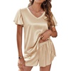 image:imageEkouaer Women Satin Pajamas Set Ruffle Sleeves Silk Pj Set Soft V Neck Sleepwear LoungewearWheat