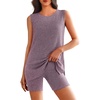 image:imageEkouaer Womens 2 Piece Lounge Set Ribbed Knit Pajamas Sleeveless Sleepwear Biker Shorts Loungewear Outfit SXXLDeep Purple