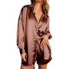 image:imageEkouaer Womens 2 Piece Satin Pajama Set Long Sleeve PJs Sets Button Down Lounge Sets Soft Sleepwear SetBrown