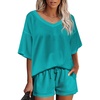 image:imageEkouaer Womens 2 Piece Short Sleeve Waffle Knit V Neck Off Shoulder Casual Loose Fit Sweatsuit OutfitsGreen