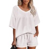 image:imageEkouaer Womens 2 Piece Short Sleeve Waffle Knit V Neck Off Shoulder Casual Loose Fit Sweatsuit OutfitsWhite