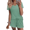 image:imageEkouaer Womens Pajama Sets Summer Pjs Soft Short Sleeve Sleepwear Comfy Ruffle Pj Shorts Set Cute Lounge Sets with PocketsCeladon