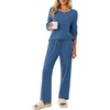 image:imageEkouaer Womens Pajamas Set 2 Piece Lounge Sets Ribbed Knit Button Down Pjs Set Fleece Long Sleeve SleepwearRoyal Blue