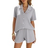 image:imageEkouaer Womens Ribbed Button Down Pajamas Sets 2 Piece Short Sleeve Shorts Pjs Knit Lounge SetsLight Grey