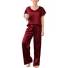 image:imageEkouaer Womens Satin Silky Pajama Set 2 Piece Short Sleeve Shirt with Long Pants Pjs Sets Soft PJ Loungewear SXXLWine Red