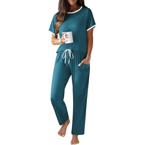 image:imageEkouaer 100 Cotton Pajama for Women Short Sleeve Pj Top With Long Pants 2 Piece Lounge Set with PocketBlue Green