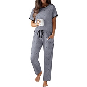 image:imageEkouaer 100 Cotton Pajama for Women Short Sleeve Pj Top With Long Pants 2 Piece Lounge Set with PocketBow Heartgrey