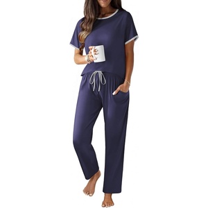 image:imageEkouaer 100 Cotton Pajama for Women Short Sleeve Pj Top With Long Pants 2 Piece Lounge Set with PocketDark Blue