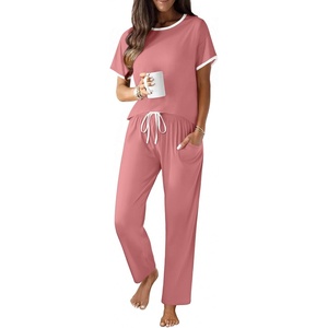 image:imageEkouaer 100 Cotton Pajama for Women Short Sleeve Pj Top With Long Pants 2 Piece Lounge Set with PocketDusty Rose