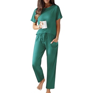 image:imageEkouaer 100 Cotton Pajama for Women Short Sleeve Pj Top With Long Pants 2 Piece Lounge Set with PocketEmerald Green