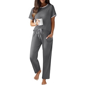 image:imageEkouaer 100 Cotton Pajama for Women Short Sleeve Pj Top With Long Pants 2 Piece Lounge Set with PocketGrey