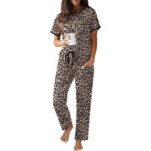 image:imageEkouaer 100 Cotton Pajama for Women Short Sleeve Pj Top With Long Pants 2 Piece Lounge Set with PocketLeopard