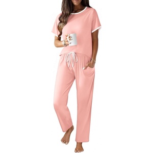 image:imageEkouaer 100 Cotton Pajama for Women Short Sleeve Pj Top With Long Pants 2 Piece Lounge Set with PocketLight Pink