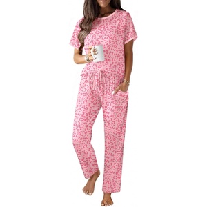 image:imageEkouaer 100 Cotton Pajama for Women Short Sleeve Pj Top With Long Pants 2 Piece Lounge Set with PocketPink Leopard