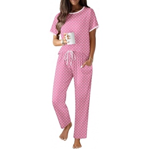 image:imageEkouaer 100 Cotton Pajama for Women Short Sleeve Pj Top With Long Pants 2 Piece Lounge Set with PocketPolka Dots  Pink