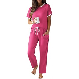 image:imageEkouaer 100 Cotton Pajama for Women Short Sleeve Pj Top With Long Pants 2 Piece Lounge Set with PocketRose Red