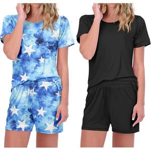 image:imageEkouaer 2 Pack Pajamas Short Sleeve Top with Shorts Sets Comfy Pjs Lounge Sets Sleepwear for WomenBlackTie Dye Star