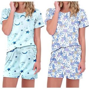 image:imageEkouaer 2 Pack Pajamas Short Sleeve Top with Shorts Sets Comfy Pjs Lounge Sets Sleepwear for WomenBlue StarFloral