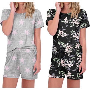 image:imageEkouaer 2 Pack Pajamas Short Sleeve Top with Shorts Sets Comfy Pjs Lounge Sets Sleepwear for WomenPink StarBlack Floral