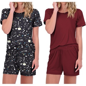 image:imageEkouaer 2 Pack Pajamas Short Sleeve Top with Shorts Sets Comfy Pjs Lounge Sets Sleepwear for WomenWine RedStar