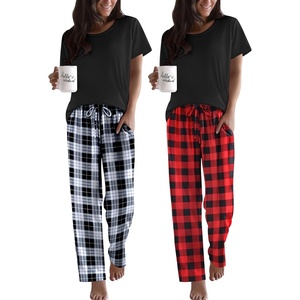 image:imageEkouaer 2 Pack Pajamas for Women Set Short Sleeve Sleepwear Top and Pants Pjs Soft Printed Lounge Sets with PocketsBlack Red PlaidBlack White Plaid