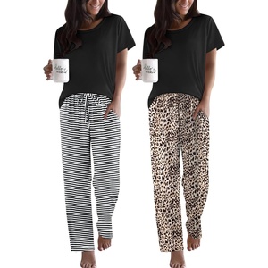 image:imageEkouaer 2 Pack Pajamas for Women Set Short Sleeve Sleepwear Top and Pants Pjs Soft Printed Lounge Sets with PocketsBlack StripedBlack Leopard