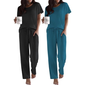 image:imageEkouaer 2 Pack Pajamas for Women Set Short Sleeve Sleepwear Top and Pants Pjs Soft Printed Lounge Sets with PocketsBlackBlue Green