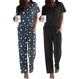 image:imageEkouaer 2 Pack Pajamas for Women Set Short Sleeve Sleepwear Top and Pants Pjs Soft Printed Lounge Sets with PocketsBlackGrey Star
