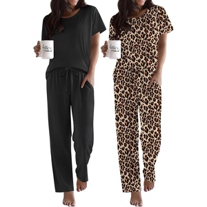 image:imageEkouaer 2 Pack Pajamas for Women Set Short Sleeve Sleepwear Top and Pants Pjs Soft Printed Lounge Sets with PocketsBlackLeopard