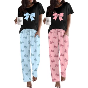 image:imageEkouaer 2 Pack Pajamas for Women Set Short Sleeve Sleepwear Top and Pants Pjs Soft Printed Lounge Sets with PocketsBlue BowsPink Bows