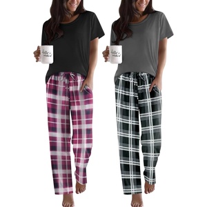 image:imageEkouaer 2 Pack Pajamas for Women Set Short Sleeve Sleepwear Top and Pants Pjs Soft Printed Lounge Sets with PocketsDeep Grey PlaidBlack Purple Plaid