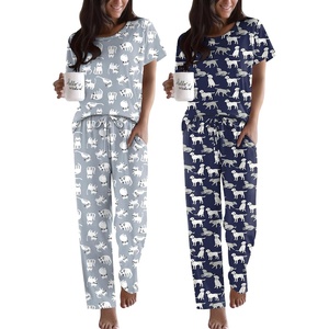 image:imageEkouaer 2 Pack Pajamas for Women Set Short Sleeve Sleepwear Top and Pants Pjs Soft Printed Lounge Sets with PocketsGrey CatsBlack Dogs