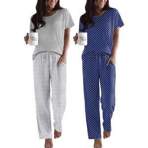image:imageEkouaer 2 Pack Pajamas for Women Set Short Sleeve Sleepwear Top and Pants Pjs Soft Printed Lounge Sets with PocketsGrey StripedBlue Dots