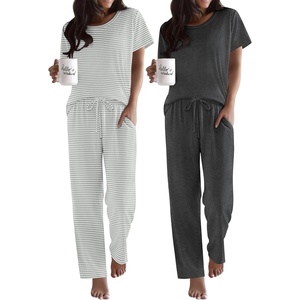 image:imageEkouaer 2 Pack Pajamas for Women Set Short Sleeve Sleepwear Top and Pants Pjs Soft Printed Lounge Sets with PocketsGrey StripedDeep Grey