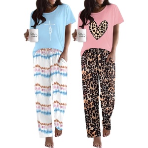 image:imageEkouaer 2 Pack Pajamas for Women Set Short Sleeve Sleepwear Top and Pants Pjs Soft Printed Lounge Sets with PocketsLeopard PinkOmbre Blue