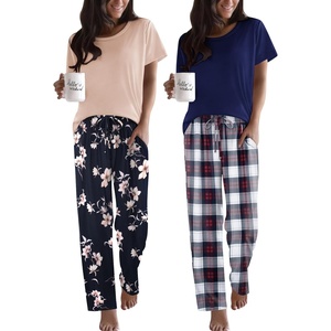 image:imageEkouaer 2 Pack Pajamas for Women Set Short Sleeve Sleepwear Top and Pants Pjs Soft Printed Lounge Sets with PocketsNavy Blue PlaidPink Flower