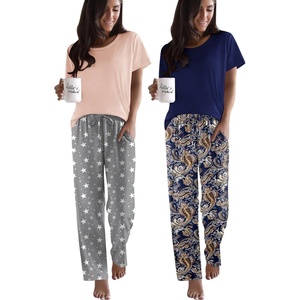 image:imageEkouaer 2 Pack Pajamas for Women Set Short Sleeve Sleepwear Top and Pants Pjs Soft Printed Lounge Sets with PocketsPink Grey StarCashew Flower