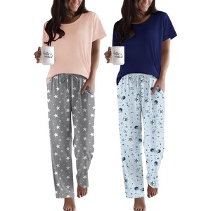 image:imageEkouaer 2 Pack Pajamas for Women Set Short Sleeve Sleepwear Top and Pants Pjs Soft Printed Lounge Sets with PocketsPink Grey StarNavy Blue Star