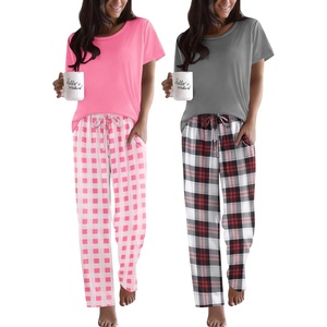 image:imageEkouaer 2 Pack Pajamas for Women Set Short Sleeve Sleepwear Top and Pants Pjs Soft Printed Lounge Sets with PocketsPink PlaidLight Grey Plaid