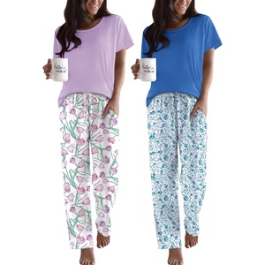 image:imageEkouaer 2 Pack Pajamas for Women Set Short Sleeve Sleepwear Top and Pants Pjs Soft Printed Lounge Sets with PocketsPurple FlowerBlue Flower