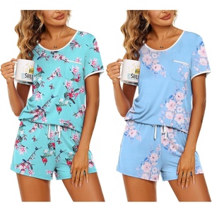 image:imageEkouaer 2 Pack Womens Pajama Sets Lightweight Summer Pajamas Short Sleeve Pj Top with Shorts Chest PocketBlue FlowerLight Blue Flower